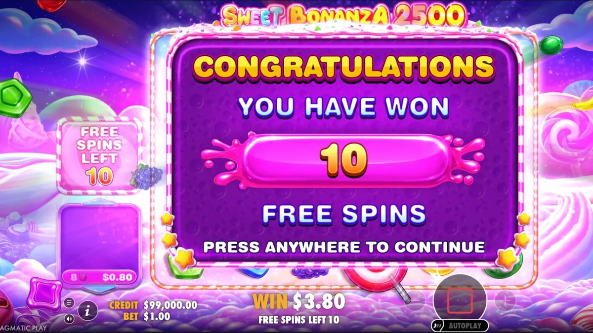 Tampilan visual penuh warna dari slot Sweet Bonanza 2500 dengan tema permen dan buah-buahan.